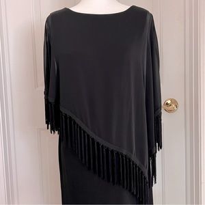 R&M Richards Black Knee-length Dress with Asymmetrical Fringe Overlay - 8